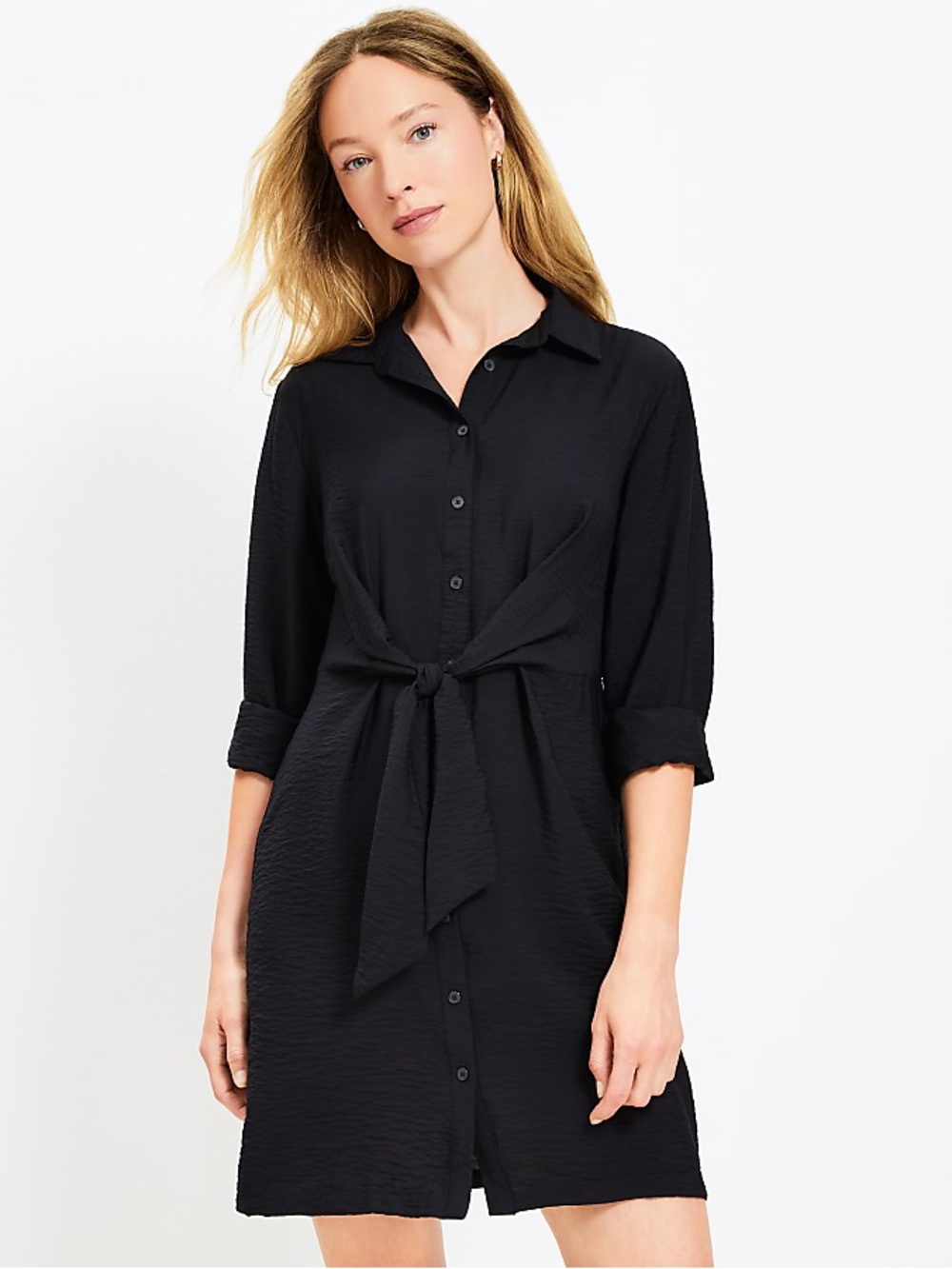 LOFT Dahlia Tie Front Mini Shirtdress, Black